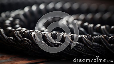 A close up of a bunch of black rope on top of wood, AI Stock Photo