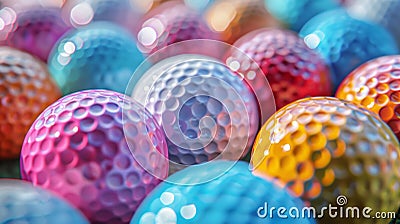 A close up of a bunch of colorful golf balls on the ground, AI Stock Photo