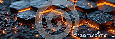 A close up of a bunch of hexagons with orange flames, AI Stock Photo