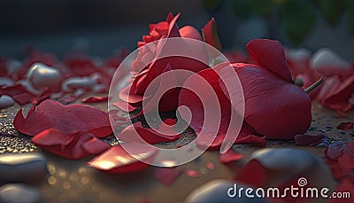 a close up of a bunch of red flowers on a tabl Stock Photo