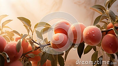 A close up of a bunch of ripe peaches on the branch, AI Stock Photo