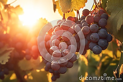 Close-up of a bunch of ripe grapes in the countryside at sunset. Grapes hanging on a vine in clear sunny weather. Generative AI Stock Photo