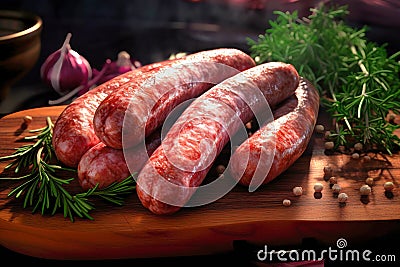 A close up of a bunch of sausages on a cutting board. Sausage prepared for smoking and grilling. Homemade farm production Stock Photo