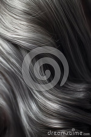 Close-up of a bunch of shiny straight gray hair in a wavy curved style. Stock Photo