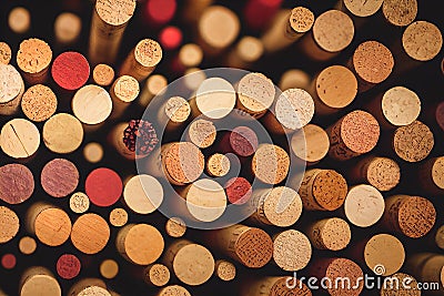a close up of a bunch of wine corks with a red dot in the middle of the cork Stock Photo