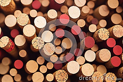 a close up of a bunch of wine corks with red and white circles on them and a red dot on the top Stock Photo