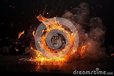 Close-up of burning bitcoin, symbolising significant financial loss and market instability Stock Photo