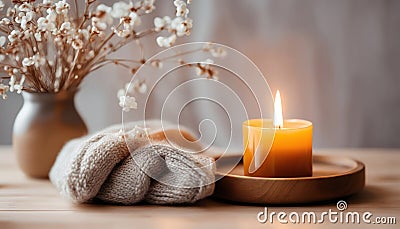 Close up of Burning candle in small amber glass jar on wooden plate - Cozy lifestyle concept Stock Photo