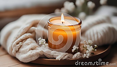 Close up of Burning candle in small amber glass jar on wooden plate - Cozy lifestyle concept Stock Photo