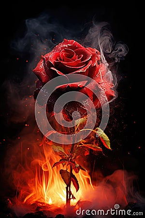 close up of a burning red rose. smoke, ashes, fire, flames, embers, powder, explosion, mist, fog, fantasy, surreal, abstract. Stock Photo