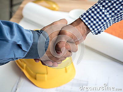 Close-up of business engineer planing at construction site project, documents, worker tool Stock Photo