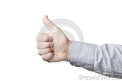 Close-up of business man in blue shirt showing thumb up, white background Stock Photo