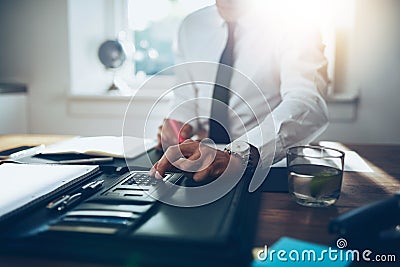 Close up, business man or lawyer accountant working on accounts Stock Photo