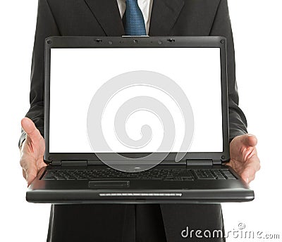 Close-up of business man presenting laptopn Stock Photo