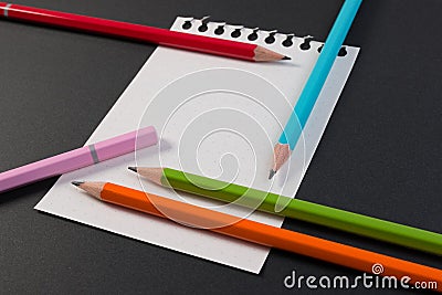 Close-up of business note paper. Template for blank note paper with colorful pencil for text and note. Stock Photo