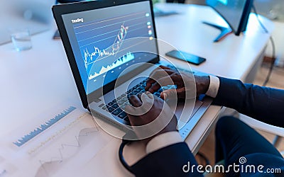 Close up of business trader man working on crypto currency markets with blockchain technology Stock Photo