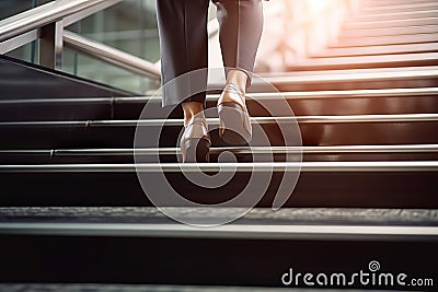 Close-Up of Business Woman's Feet Climbing Stairs to Achieve Goals. created with Generative AI Stock Photo