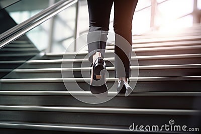 Close-Up of Business Woman's Feet Climbing Stairs to Achieve Goals. created with Generative AI Stock Photo