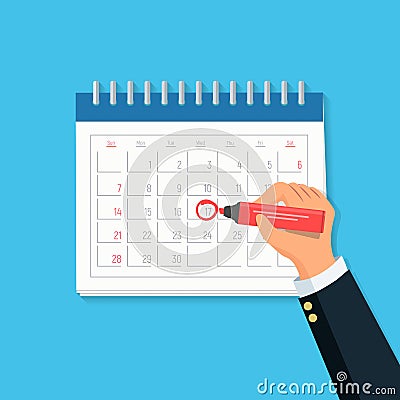 Close-up businessman hand with calendar and red marker. Concept mark on the calendar. Vector Illustration