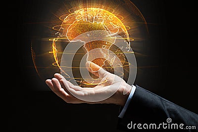 Close up of businessman hand with earth hologram Stock Photo