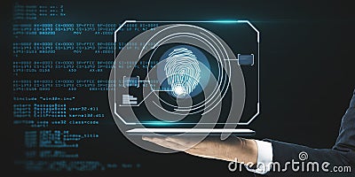 Close up of businessman hand holding tablet with glowing finger print interface on dark background with coding language. Security Stock Photo