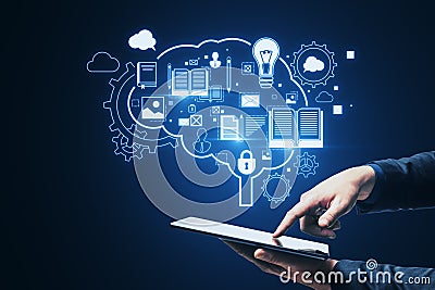 Close up of businessman hand pointing at cellphone with glowing brain outline and books hologram on blue background. Artificial Stock Photo