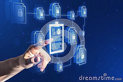 Close up of businessman hand pointing at creative digital chain of documents on blurry background. Security, data, login and e- Stock Photo