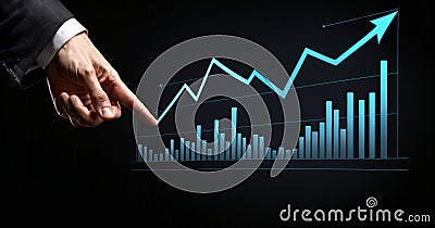 Close up of businessman hand pointing at growing graph on dark background. Business growth concept Stock Photo