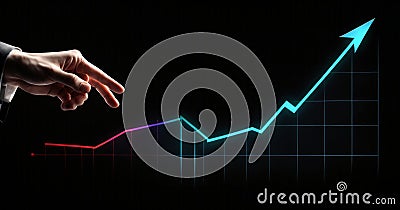 Close up of businessman hand pointing at growing graph on dark background. Business growth concept Stock Photo