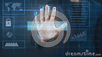 Close up businessman hand is touching interface computer monitor, fingerprint biometric identity and approval. future security Stock Photo