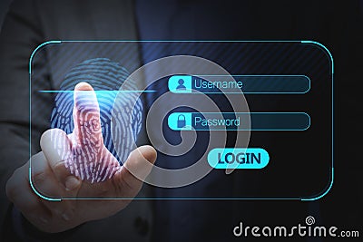 Close up of businessman hand using glowing abstract fingerprint interface on blurry background. Digital security and information Stock Photo