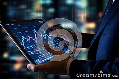 Close up of businessman hands using tablet with stock market chart on screen, Businessman hand close up using tablet with stock Stock Photo