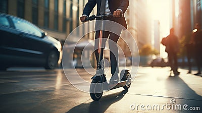 Close-up of businessman riding electric scooter in city Stock Photo