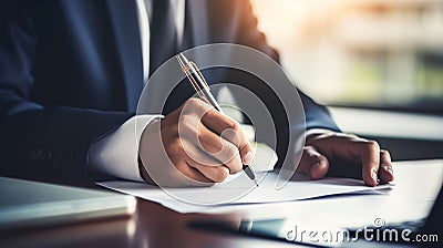 Close up of a businessman's hand writing on paper. Generative Ai Stock Photo