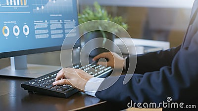 Close-up Businessman`s Hands Typing on Keyboard, Desktop Compute Stock Photo