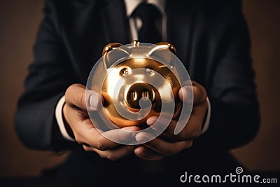 Close-up businessmans hands holding golden pig piggy bank, created with Generative AI technology Stock Photo