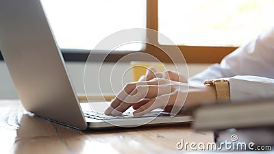 Close up of businesswoman or accountant hand holding pen working on laptop computer for calculate business data, accountancy Stock Photo