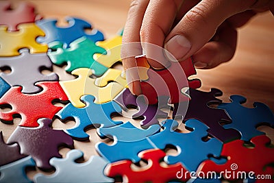 Close up of businesswoman hand assembling colorful jigsaw puzzle on wooden table, peoples hands joining pieces of a jigsaw puzzle Stock Photo