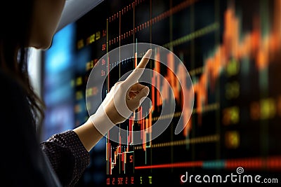 Close up of businesswoman hand pointing at candle stick business chart on monitor, Generated AI Stock Photo