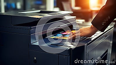 Close up of businesswoman hand using multifunction printer at office Stock Photo