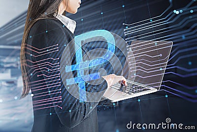 Close up of businesswoman hands using laptop with creative glowing Russian ruble circuit hologram on blurry office interior Editorial Stock Photo