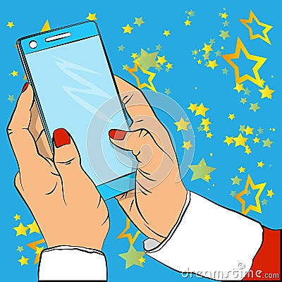 Close up of businesswoman holding her smartphone. Vector Illustration