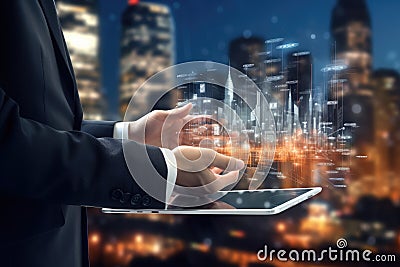 Close up of businesswoman using tablet pc with cityscape at background, Businessman hand using tablet computer with digital Stock Photo
