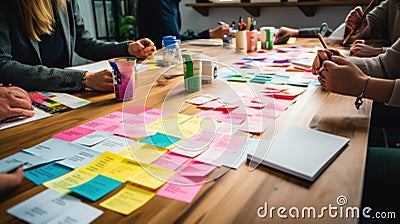 Close-up of a busy brainstorming session with multiple hands, colorful post-it notes, and documents scattered across a Stock Photo