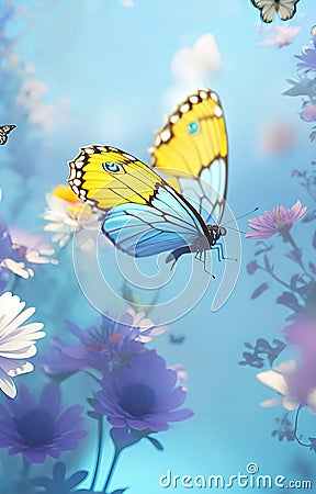 Close-up of Butterfly Hovering Over Flowers in Spring May Stock Photo