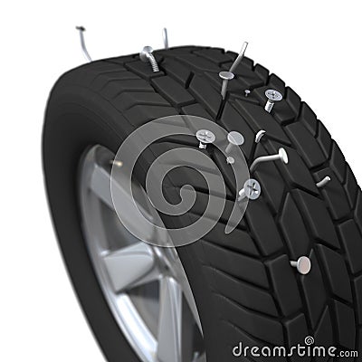 Wheel off car and metal nails Stock Photo