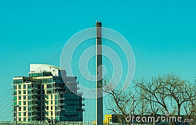 Close up of the Bob Kerrey cable stayed pedestrian bridge Omaha Nebraska in early spring Stock Photo