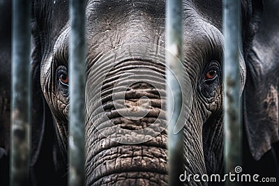 Close up of caged elephant behind bars Stock Photo