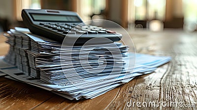 A close-up of a calculator and a neat stack of financial documents, symbolizing precision and accu Stock Photo