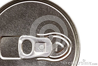 Close up of can pull tab, top view of aluminum tin can. Stock Photo